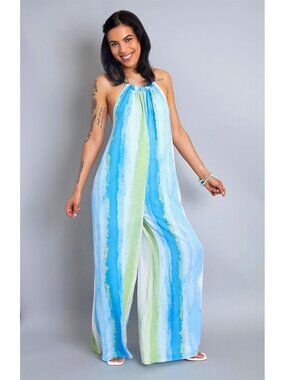 Blue & Green Halter Wide-Leg Jumpsuit – Open Back Statement Piece